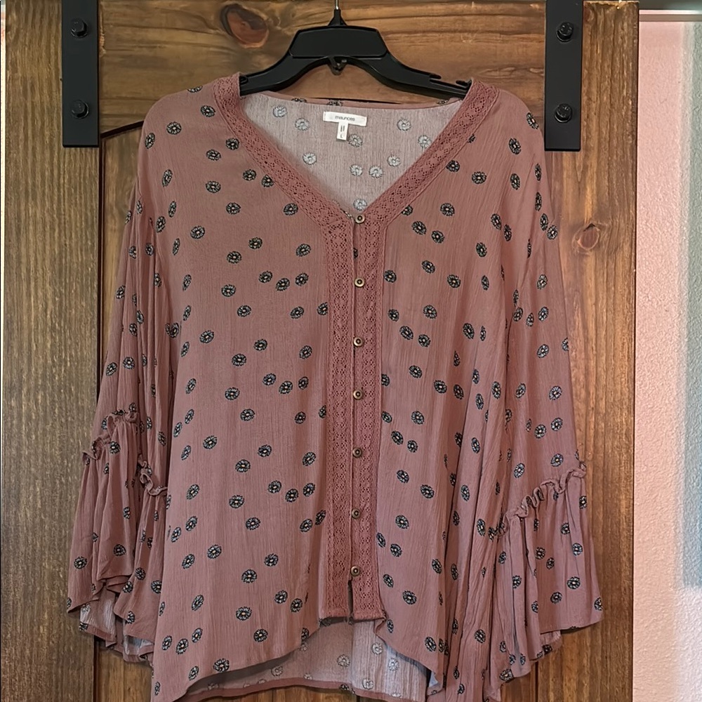 Maurices Pink Bell Sleeve Blouse with Ruffled Details